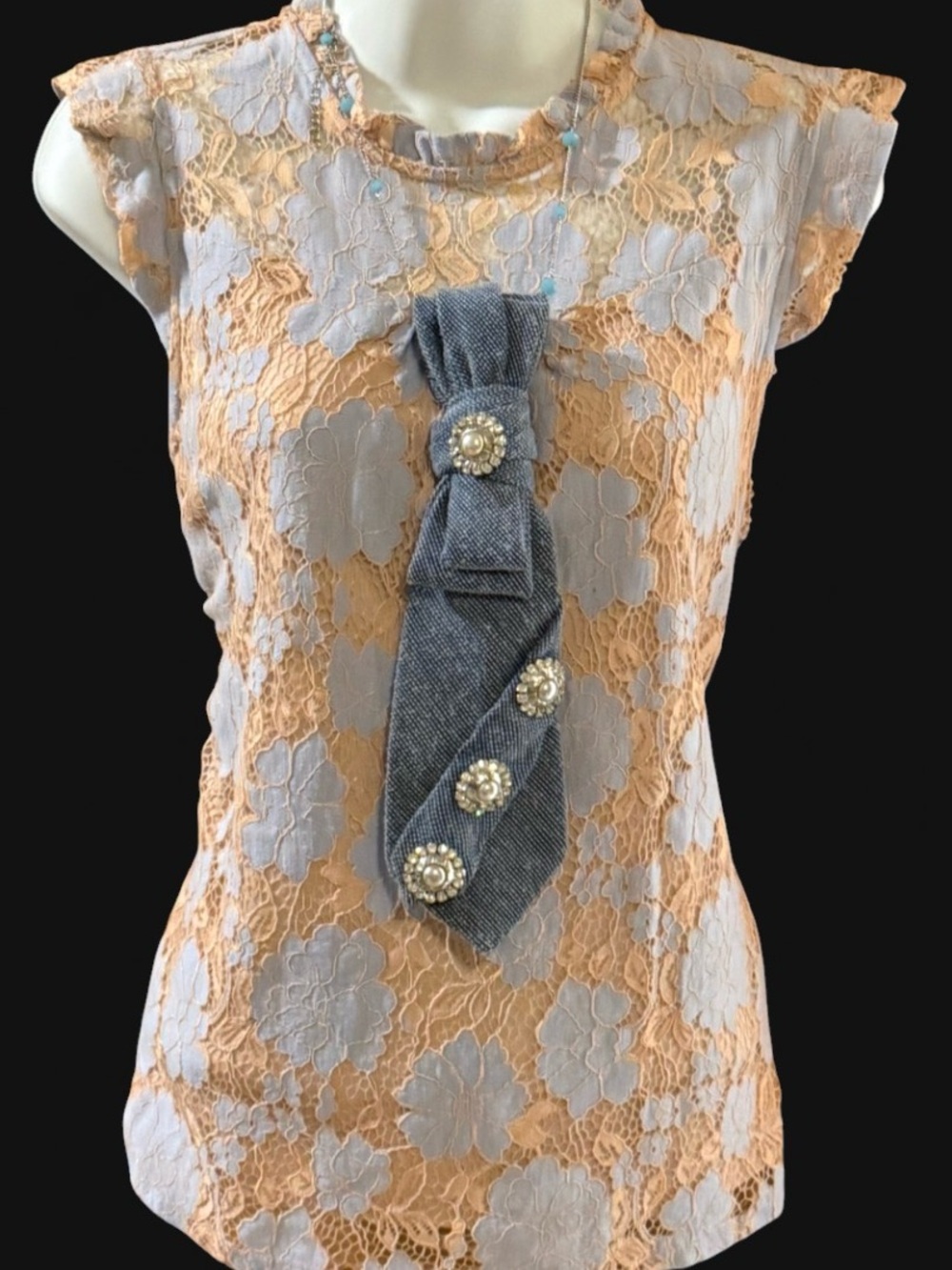 Re-Styled Vintage Denim Look Necktie Necklace, Rhinestones, Removable Chain - Picture 5 of 5